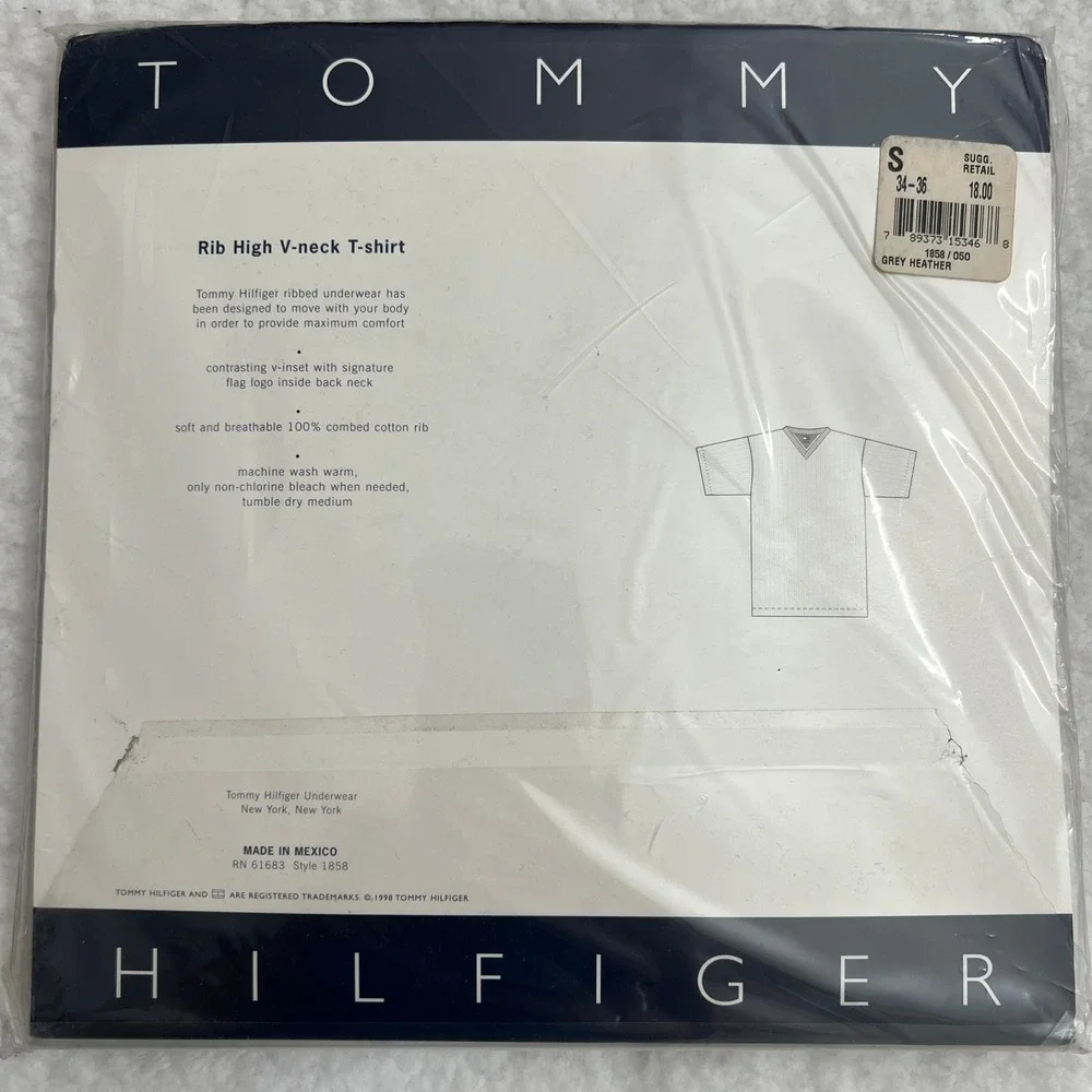 Tommy Hilfiger T-shirt Men Small Grey Rib High V-neck Cotton Vintage NIP